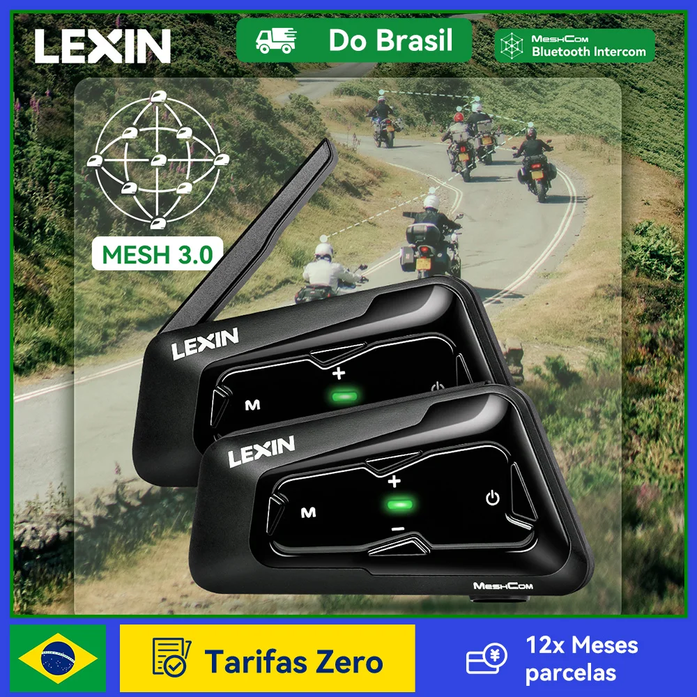 Intercomunicador Lexin MeshCom MESH e Bluetooth para Capacete de Motocicleta, Intercomunicador Mesh para até 24 Pessoas com Alcance de 2 km