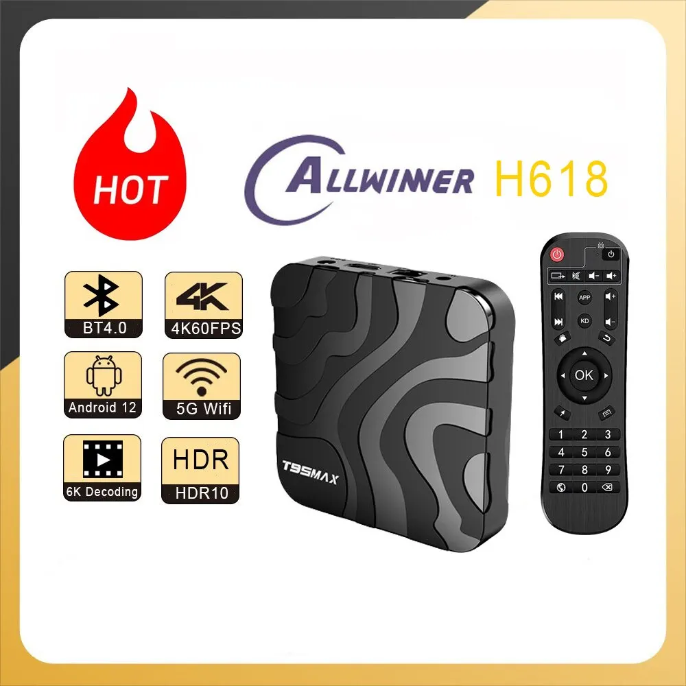 YLW Allwinner H618 T95MAX اندرويد 12 ذكي ، 6K واي فاي 4G + 16GB 32GB 64GB BT