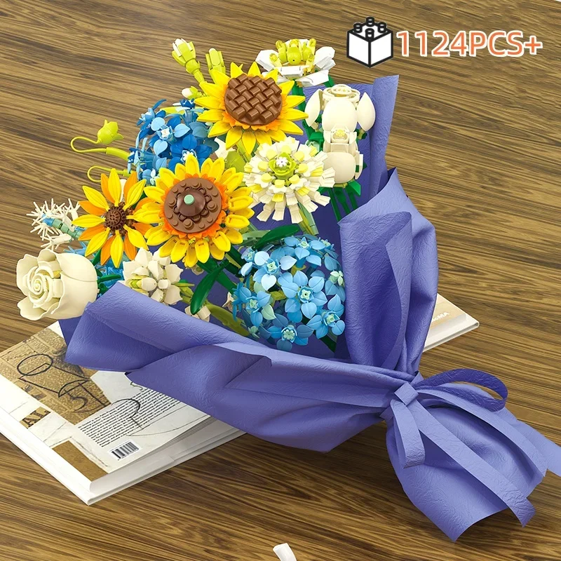 13 ดอกไม้บล็อกอาคารดอกไม้นิรันดร์ดอกทานตะวันคาร์เนชั่น Rose Bouquet อิฐสาวโรแมนติก DIY ของเล่นเด็กของเล่น 1124 ชิ้น