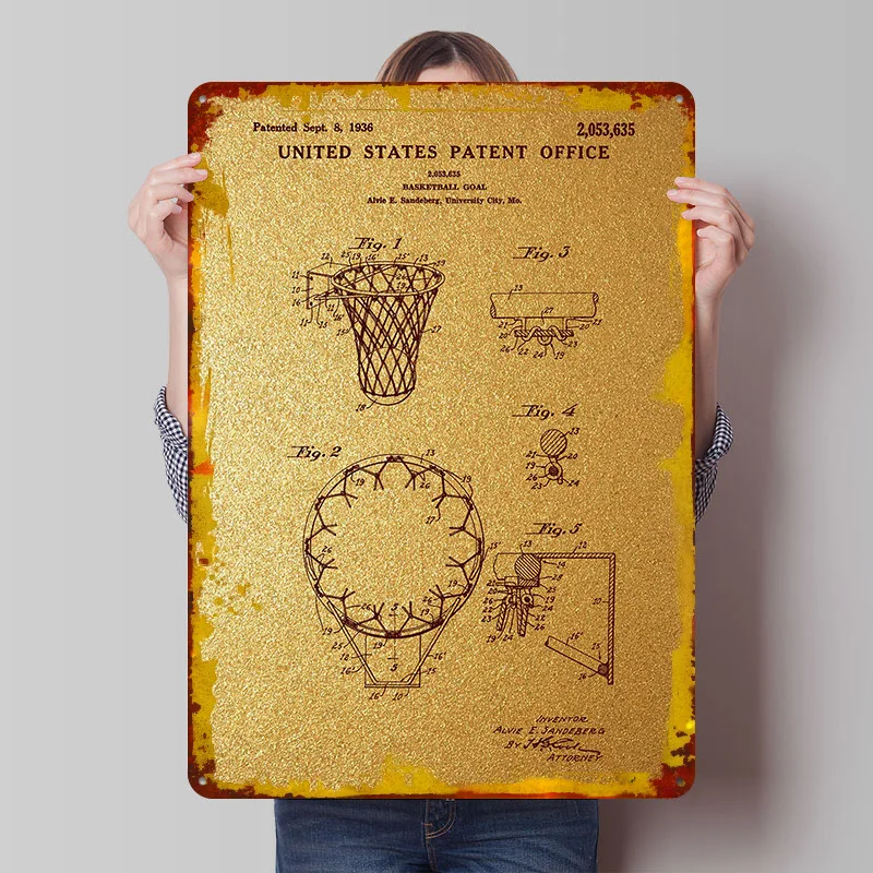 4 Basketballkorb Patent Metallposter Individuelle Wandkunst Retro Vintage Blechschilder für Männerhöhle Mancave Dekoration Raumdekor