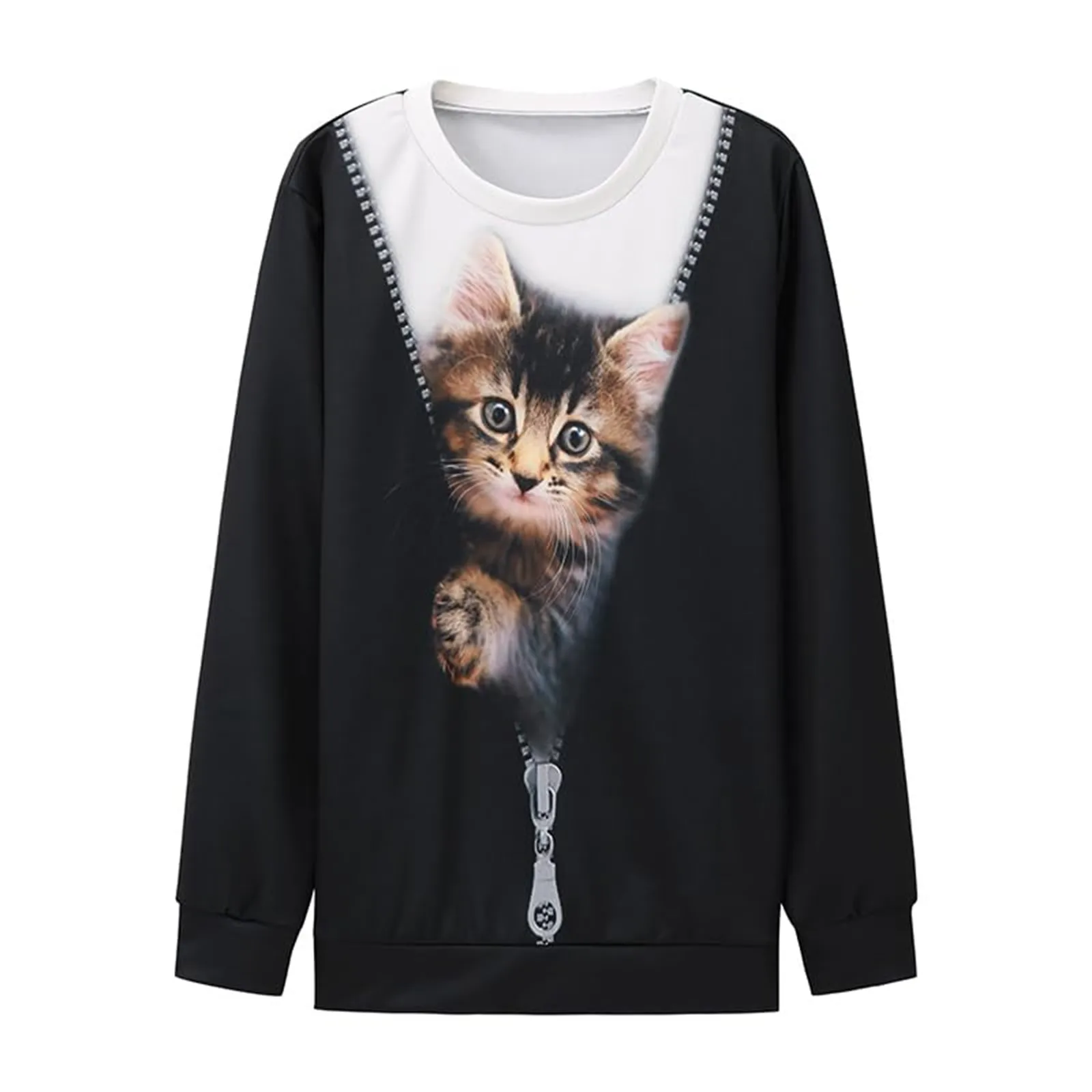 Cute Cat Women Sweatshirts Fake 2 Piece Zipper Print Long Sleeve O-Neck Casual Hoodies Tops y2k Street Funny Patchwork Clothes