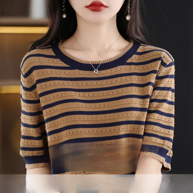 Spring Summer 2023 Women's Knitted Hollow out Cotton Linen T-Shirt Short Sleeve Loose Fit Top Korean Style round Neck Pullover