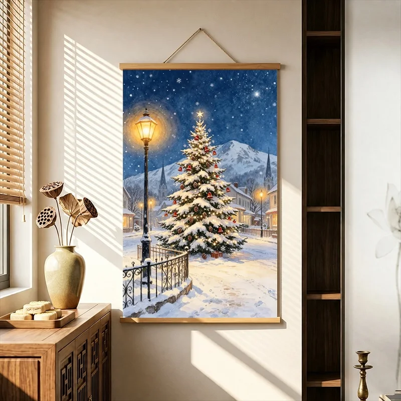 Nordic Pearlescent Canvas Snowy Town Christmas Hanging Scroll Home Decor with Wooden Rods for Guest Room Cozy Atmosphere