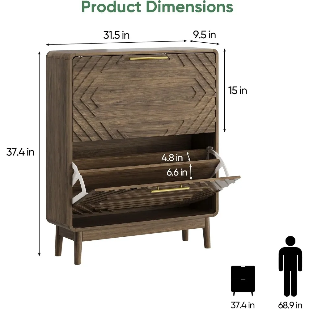 Shoe Storage Cabinet with Hand-Carved Embossed 2 Flip Drawers Narrow Freestanding Walnut