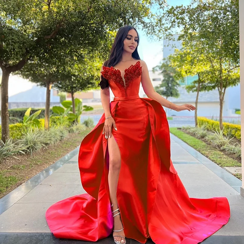 

Thinyfull Red Sexy Mermaid Prom Evening Dresses Sweetheart Beading Split Night Dress Formal Cocktail Party Prom Gowns Plus Size