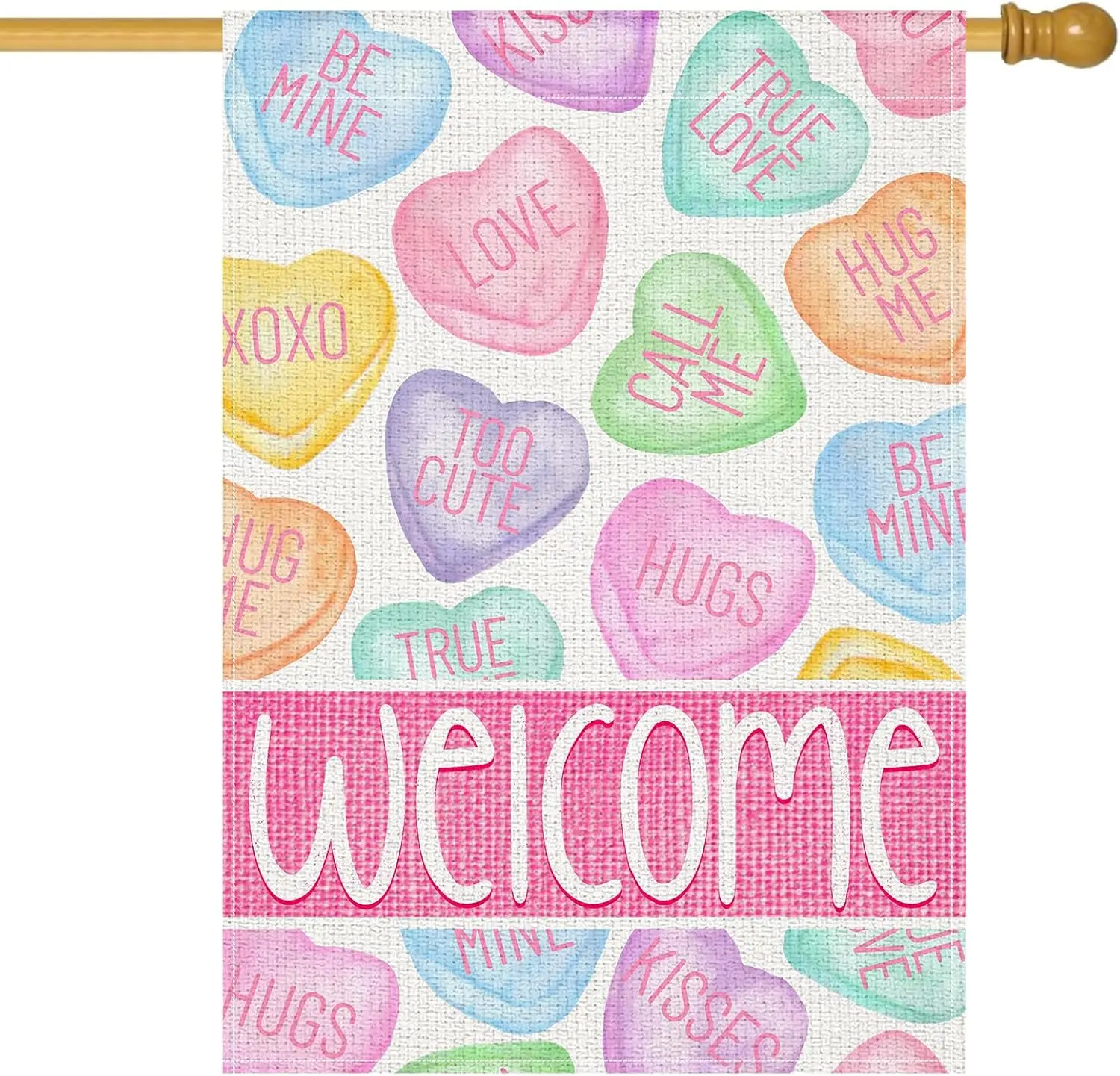 Large Valentine's Day Garden Flag Double Sided,Colorful Candy Love Hearts Welcome Burlap Garden Flag for Outside Holiday ZZM