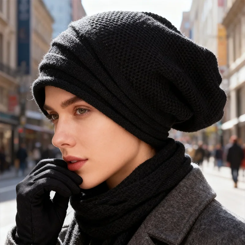 Winter-Übergroße Slouchy-Mütze aus Wolle, gestrickt, warme Mütze für Damen und Herren, gemütlich, elastisch, winddicht, zum Skifahren im Freien – Detail 4