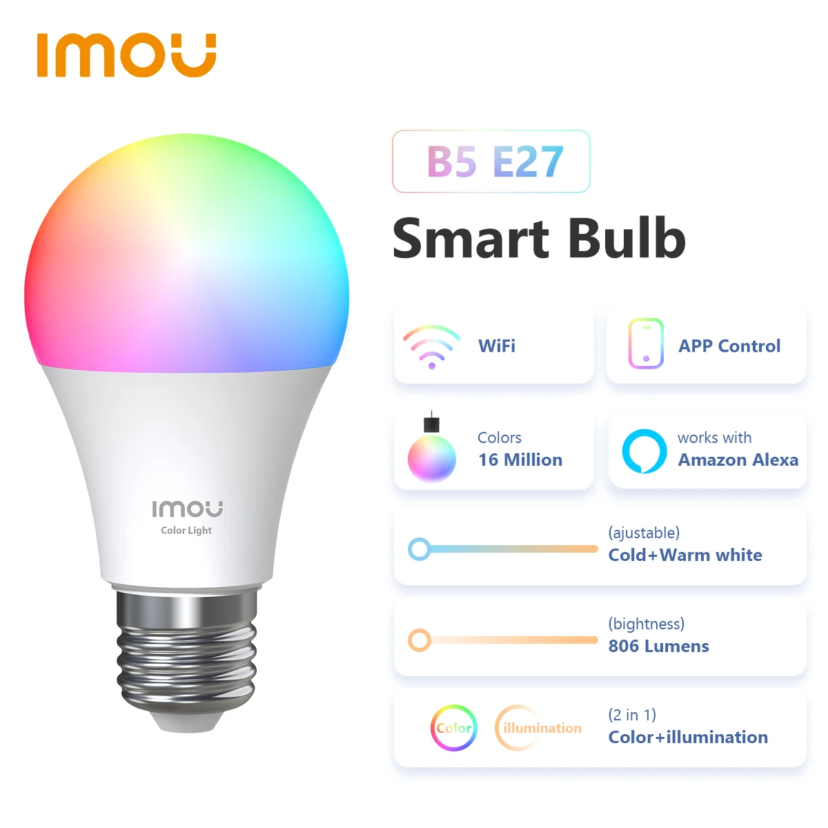 

Imou B5 Smart Light Bulb Control Lamp E27 Base Dimmable Light Led Lamp Bombilla Colorful Changing 220-240V 9W Function color