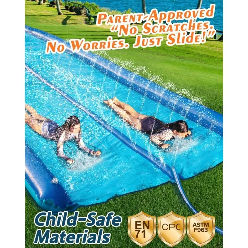 Tobogán Acuático Inflable para Niños y Adultos, 2 Carriles, Extra Largo, con Aspersores y Tablas de Bodyboard, para Jardín, Verano, Aire Libre