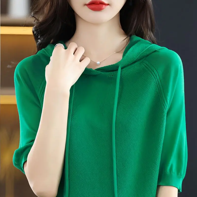 Korean Fashion Spring Summer New Hoodies Sweater Women Solid Drawstring Half Sleeve Loose Thin Casual Versatile Pullovers Tops