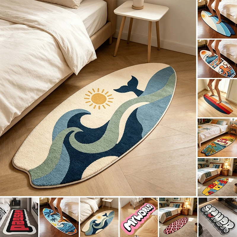Irregular Surfboard Shaped Bedroom Runner Rug Resistant Washable Coastal Tropical Print Bedside Carpet for Teen Dorm Home Decor