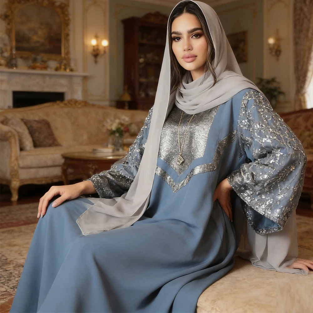

Ramadan Eid Jalabiya Sequin Muslim Women Maxi Dress Satin Abaya Turkey Kaftan Dubai Caftan Marocain Femme Musulmane Vestido Robe
