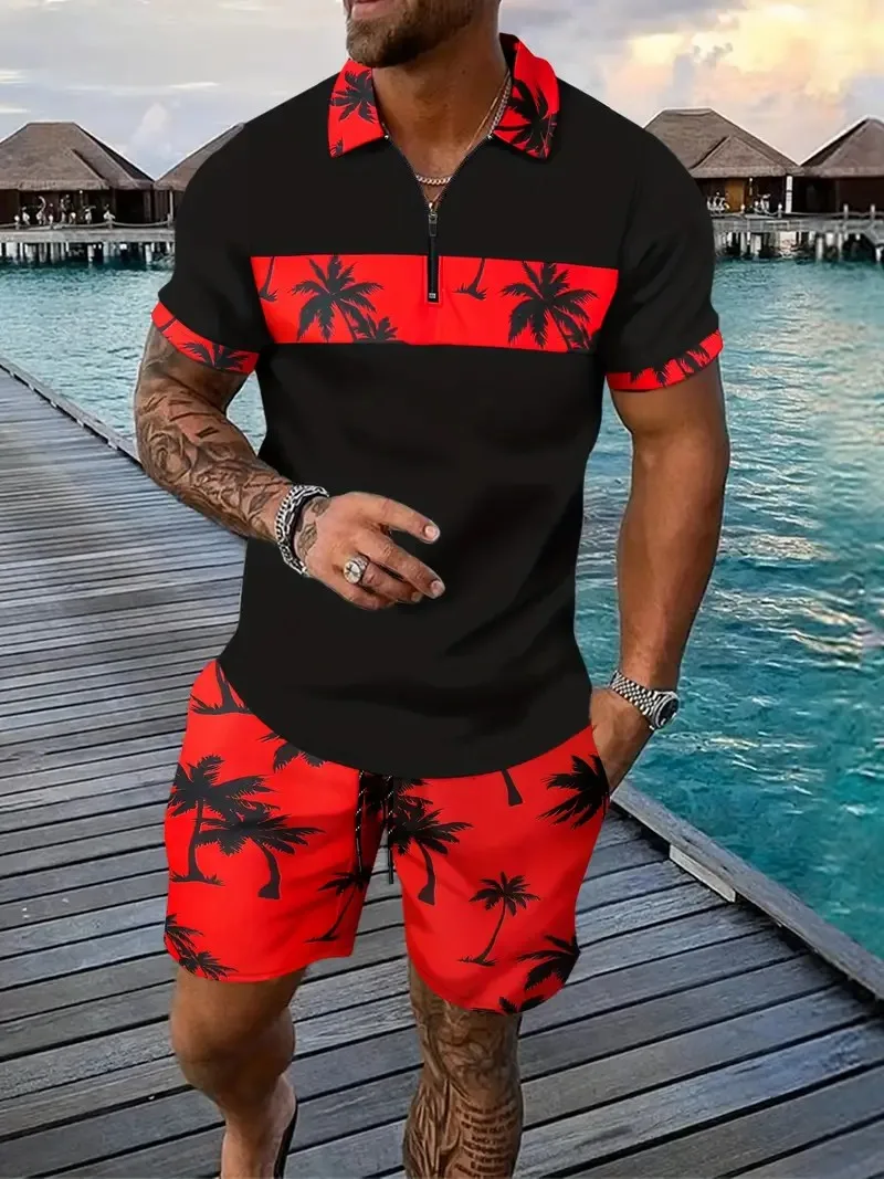 Hawaii 2pcs sets 3D Coconut tree print Zipper Polo Shirt Short Sleeve Shirt and Shorts Casual Fashion Zip-Up Man 2PCS Sweatshirt