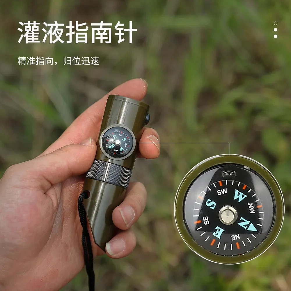 Seven in one outdoor multifunctional survival whistle emergency rescue high frequency whistle with Compass Thermometer