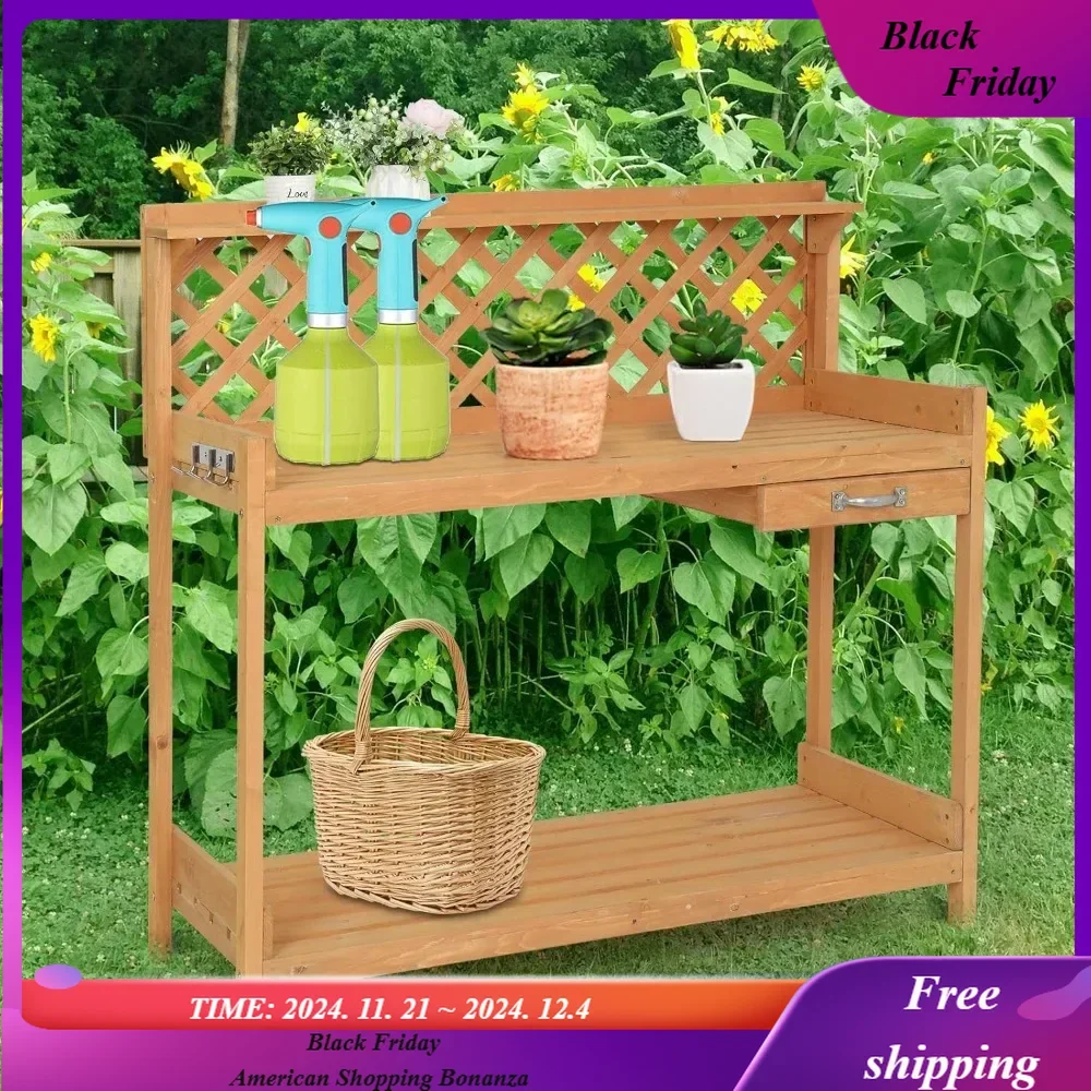 Wood Garden Potting Bench Table with Cabinet Drawer, Open Shelf, Lower Storage and Hooks for Gardening Supplies