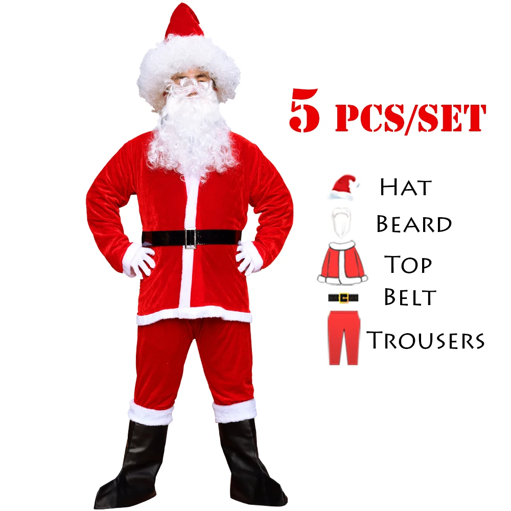 2024 Christmas Santa Claus Plush Velvet Costumes For Kids Adults New Year Eve Party Cosplay Clothes Outfits with Hat Beard