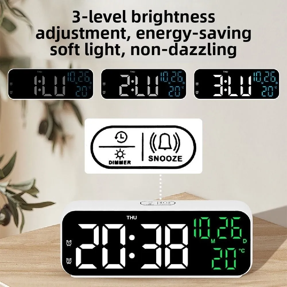 

Brightness Adjustment LED Electronic Clock Voice Control 12/24H Format Alarm Clock 2 Alarms Temperature Display Desk Clock