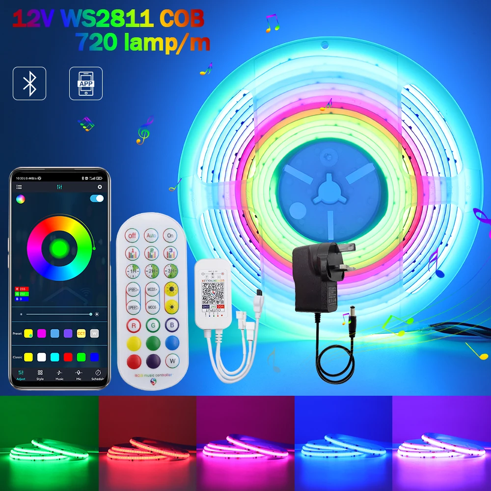 Smart Wifi Bluetooth FCOB RGB LED Strip WS2811 Addressable 720Leds/m Dream Color Flexible Tape FOB COB Led Lights RA90 12V 24V