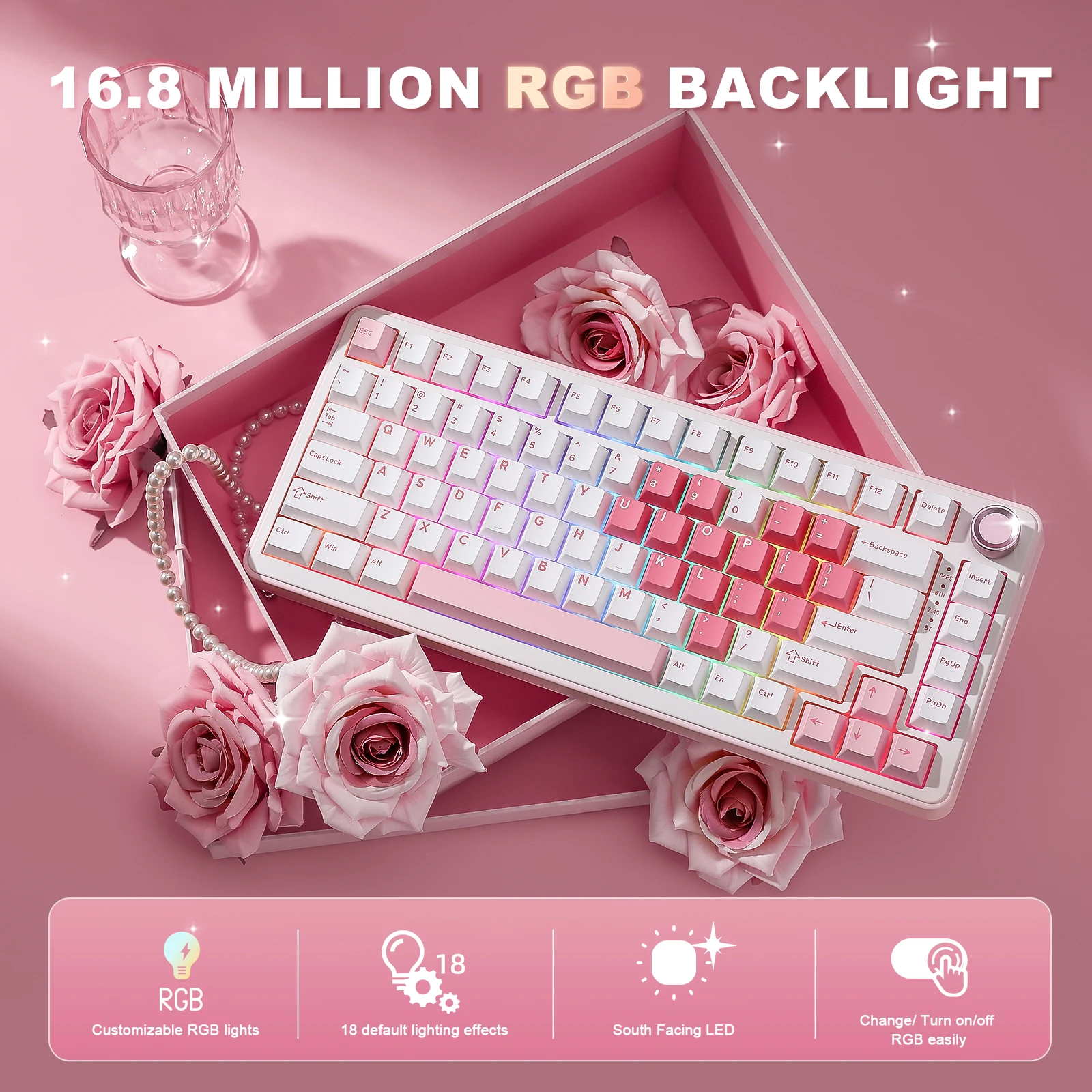 YUNZII B75 PRO 화이트 하트 기계식 게이밍 키보드, 개스킷 75 노브 RGB 키보드, 트리플 모드 핫스왑 커스텀 크리미 키보드