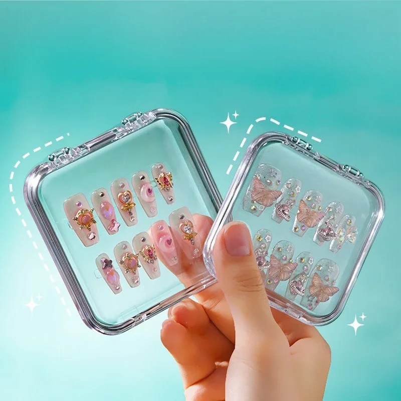 Nail Art Storage Box - Clear Display Case with Hinged Lid & Free Card+Adhesive Strip Included(Portable Organizer for Fake Nails)