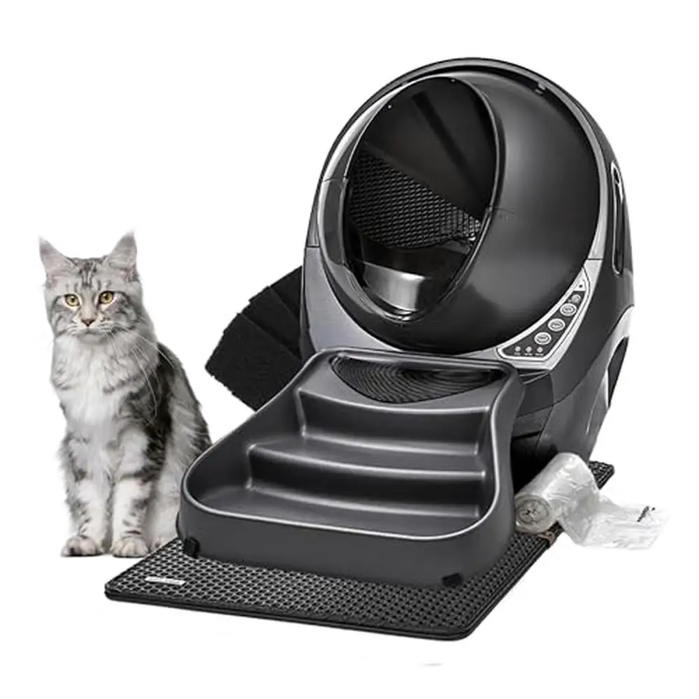 

Automatic Self-Cleaning Cat Litter Box Bundle with Mat Fence Ramp Liners Filters Grey Core Kit Control via App Reduces Odors &