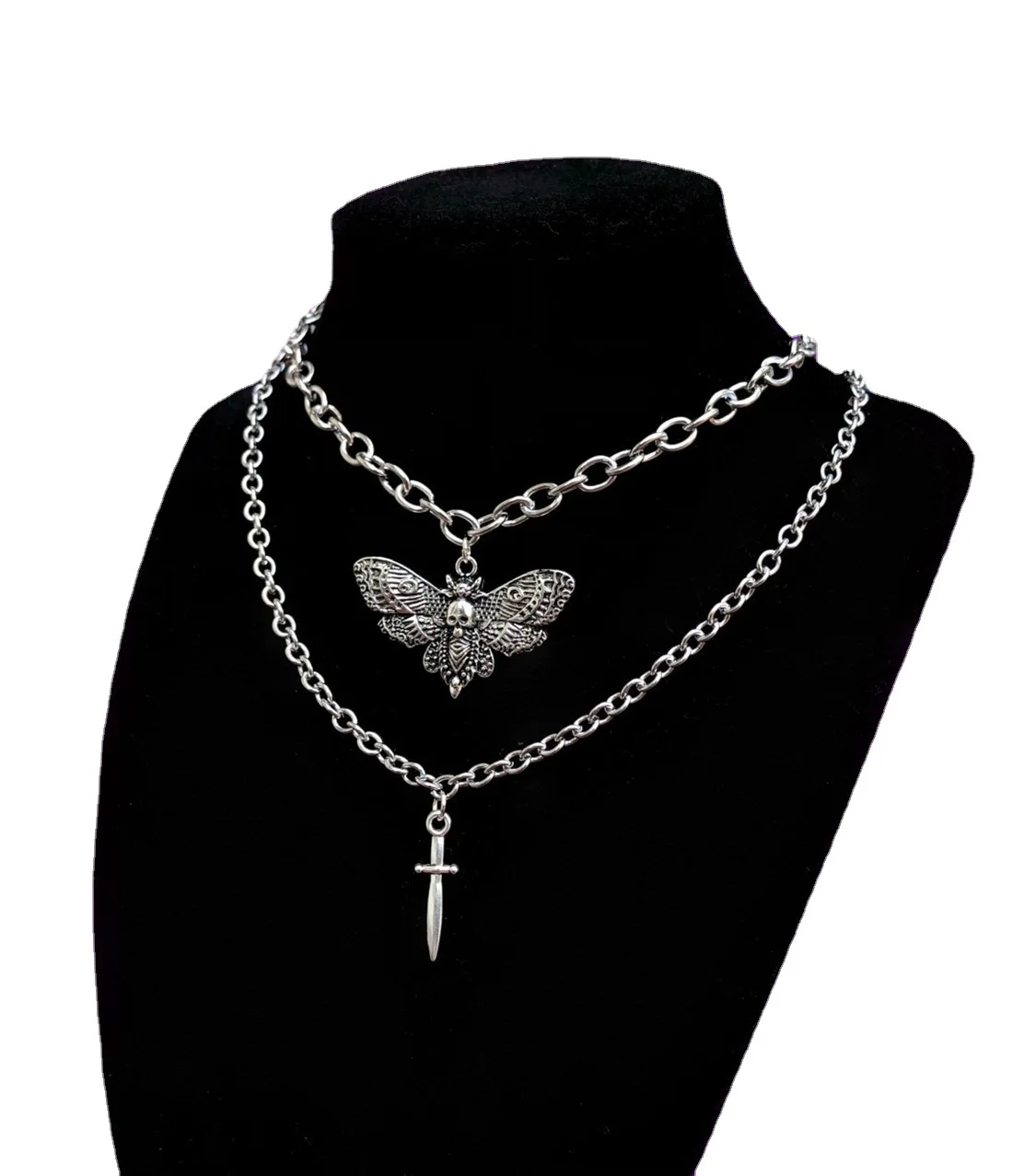 Gothic Skull Moth Sword Pendant Necklace For Women Men Fashion Vintage Witchcraft Jewelry Strange Silver Chain Chokers Jewelry