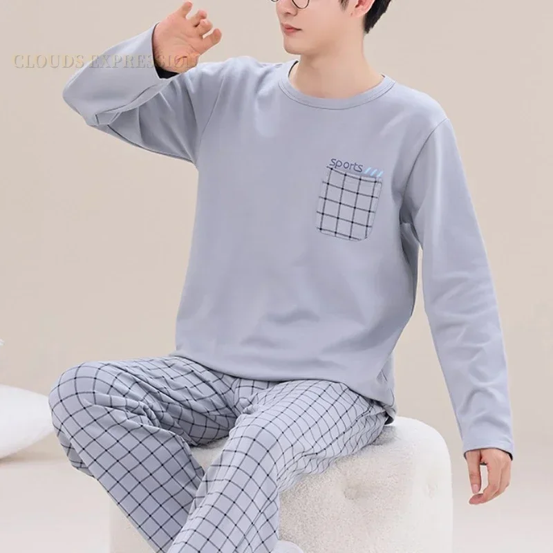 Spring Autumn Big 5XL Knitted Men Sleepwear Clouds Printting Pajamas Sets Casual Pjs Male Loungewear Pyjamas Nightwear Fashion