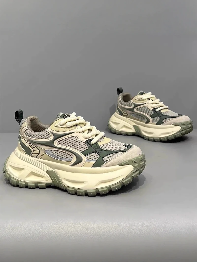 Trendy Men's Running Shoes Autumn Thick Bottom Dad Sneakers Casual Sports Fashionable All-Match Low Top round Toe 