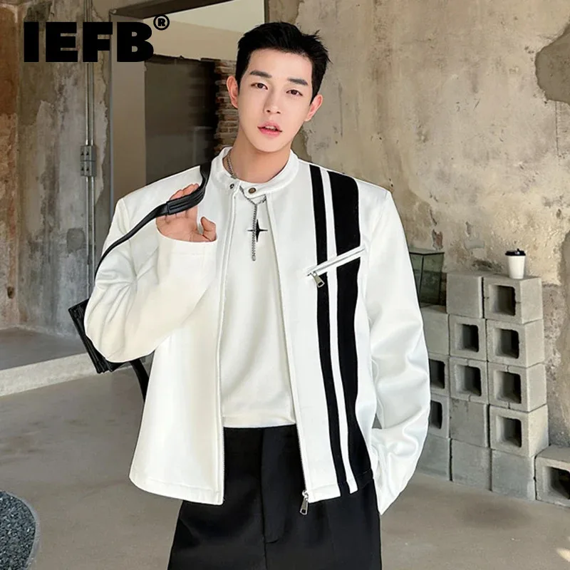 IEFB Niche Design Men\'s Jackets Stand Collar Zipper Patchwork Contrast Color Asymmetry Design Loose Male Coat Autumn Tide 9C8207