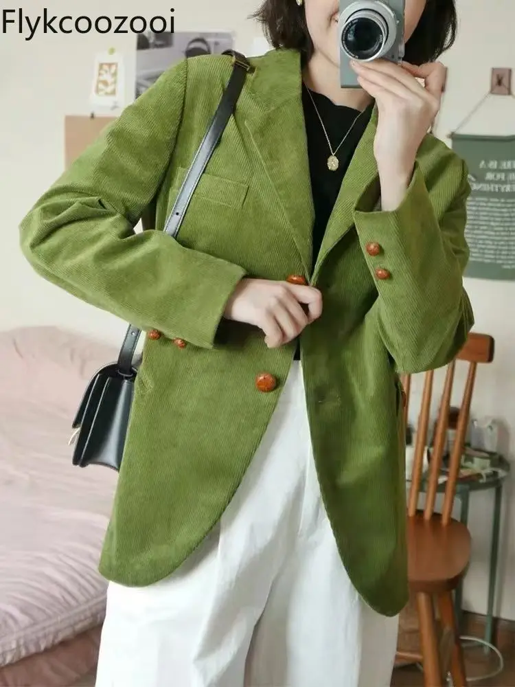 

Flykcoozooi Retro Green Corduroy Suit Women Clothing Autumn and Winter Loose Casual Jackets Slim Fit Commuter Blazer Women Tops
