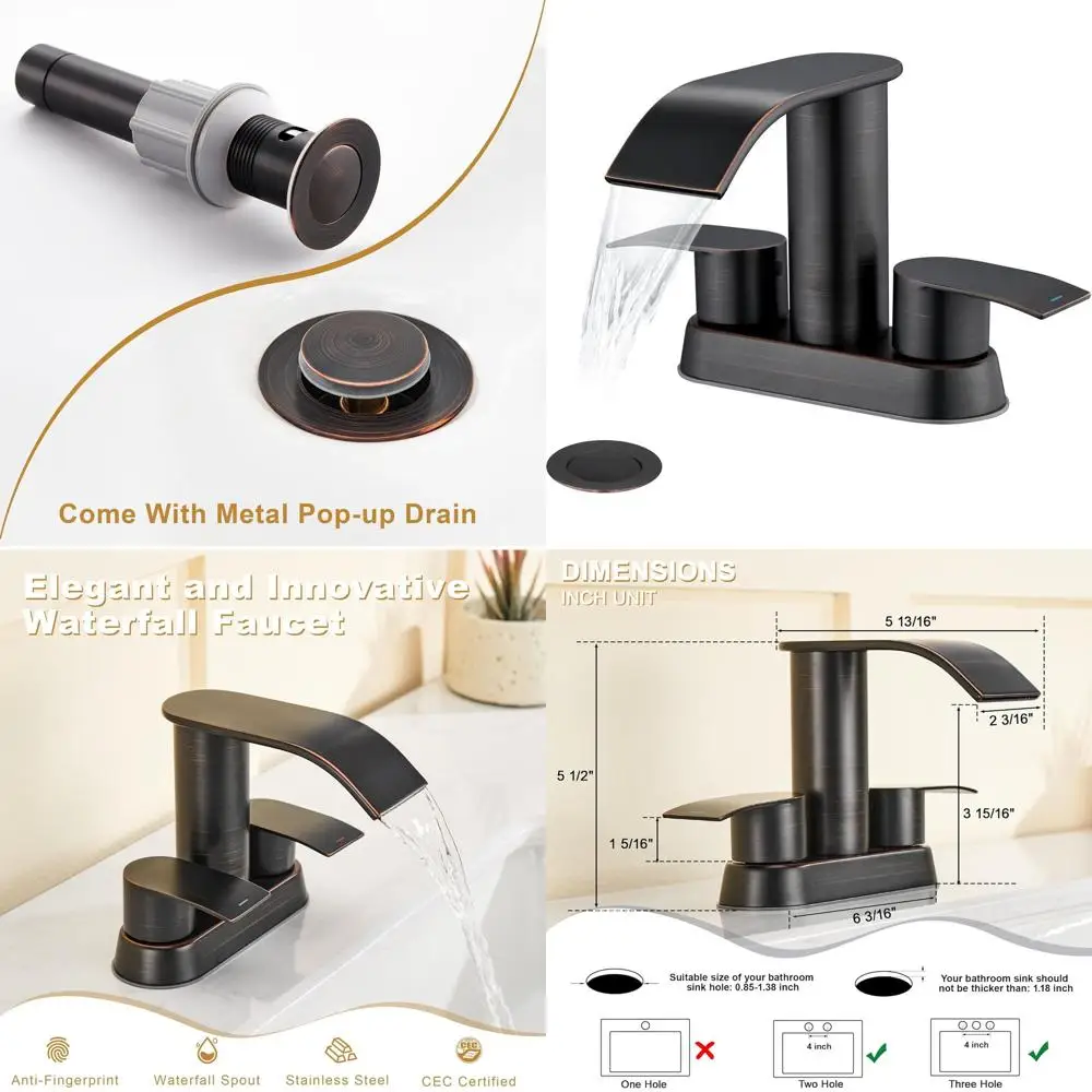 

4 Inch Oil Rubbed Bronze 2-Handle Waterfall Sink Faucet with Pop-Up Drain for 3 or 2 Hole Installations
