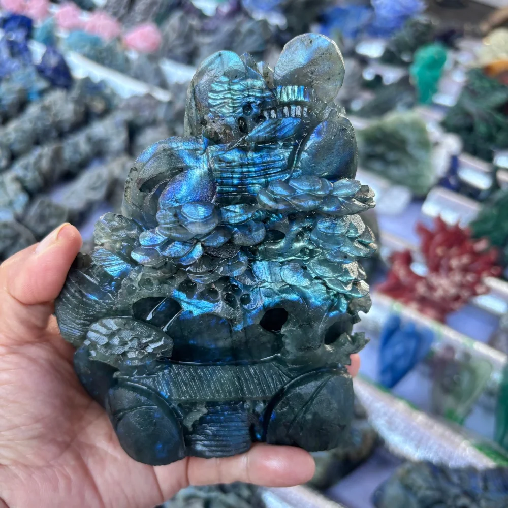 Natural Flash Labradorite Hand Carved Mountain Pine Landscape Ornament Blue Flash Crystal Statue Reiki Healing Home Feng Shui De