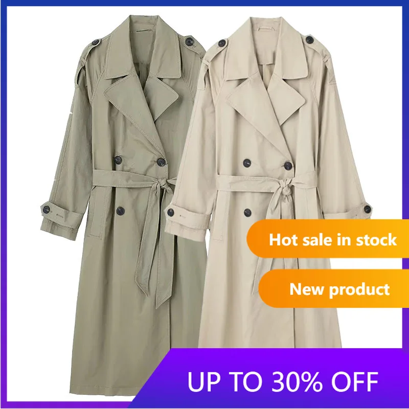 

Женский двубортный плащ с поясом, винтажный лацкан с длинным рукавом, осень-весна, классическая повседневная шикарная верхняя одежда, однотонная