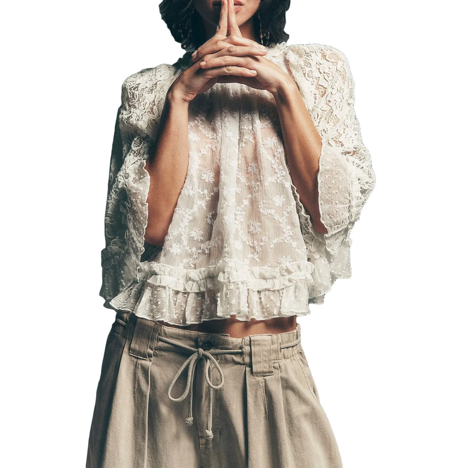 

2026 summer new women's clothing versatile lace hollow lotus leaf sleeve shawl jacket short cardigan vest sunscreen