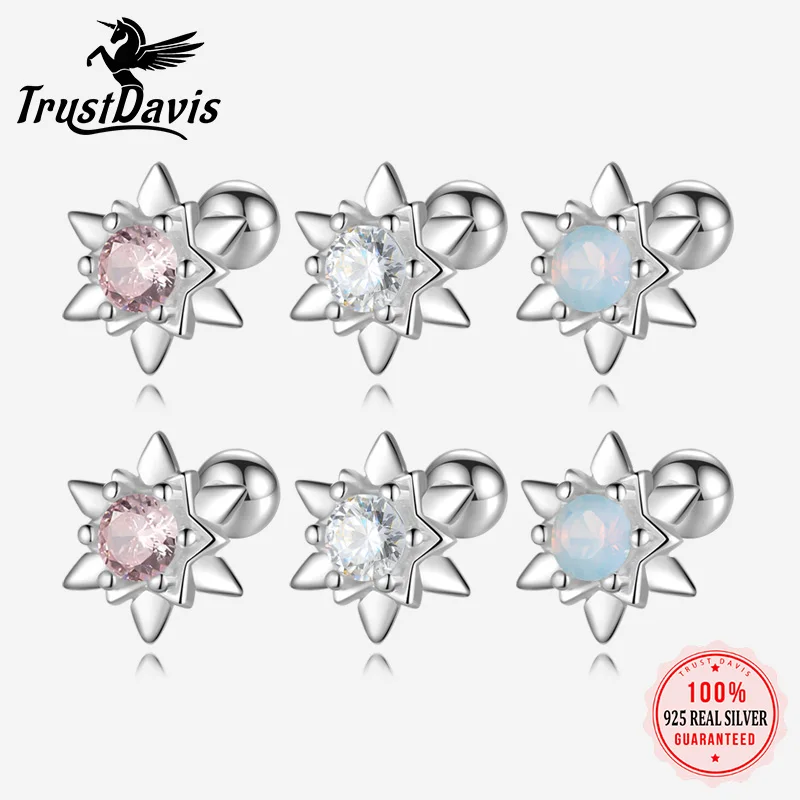 TrustDavis Girls 925 Sterling Silver Colorful Star Zircon Sparkling Earrings for Daughter Children Birthday Gift Jewelry DS4153