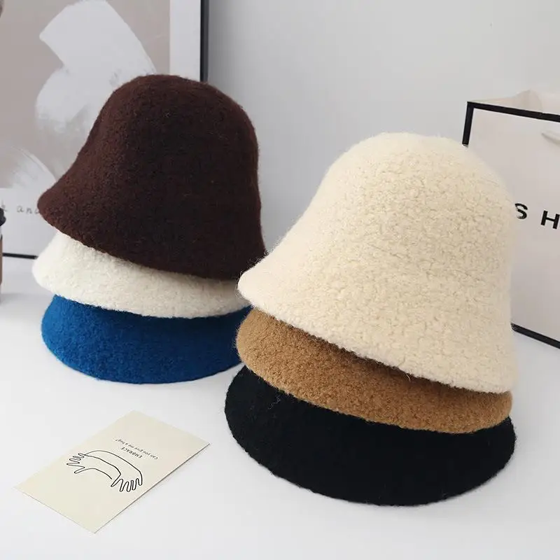 

Winter Fuax Lamb Fur Fisherman Hat fro Women warm Wool Ear Protection Cap Windproof Female Panama Caps Foldable Women Bucket Hat