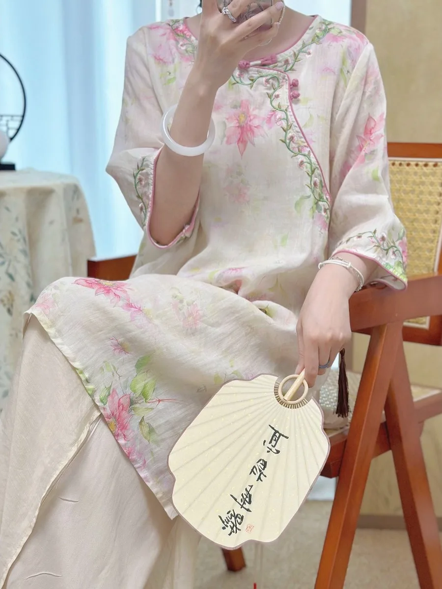 

Heavyweight Embroidered Svel Cotton Linen Dr Women's Summer Midi irt Dr Zen Tea Costume Loose Fit round Ne
