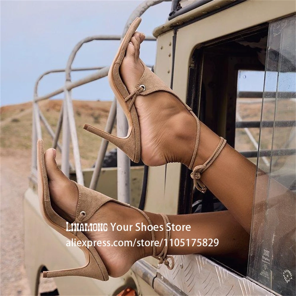 

Faux Suede Thong Strap Sandals Lace up Strappy Stiletto Summer Shoes Sexy Style Pointed Toe Multicolor Handmade Shoes for Women