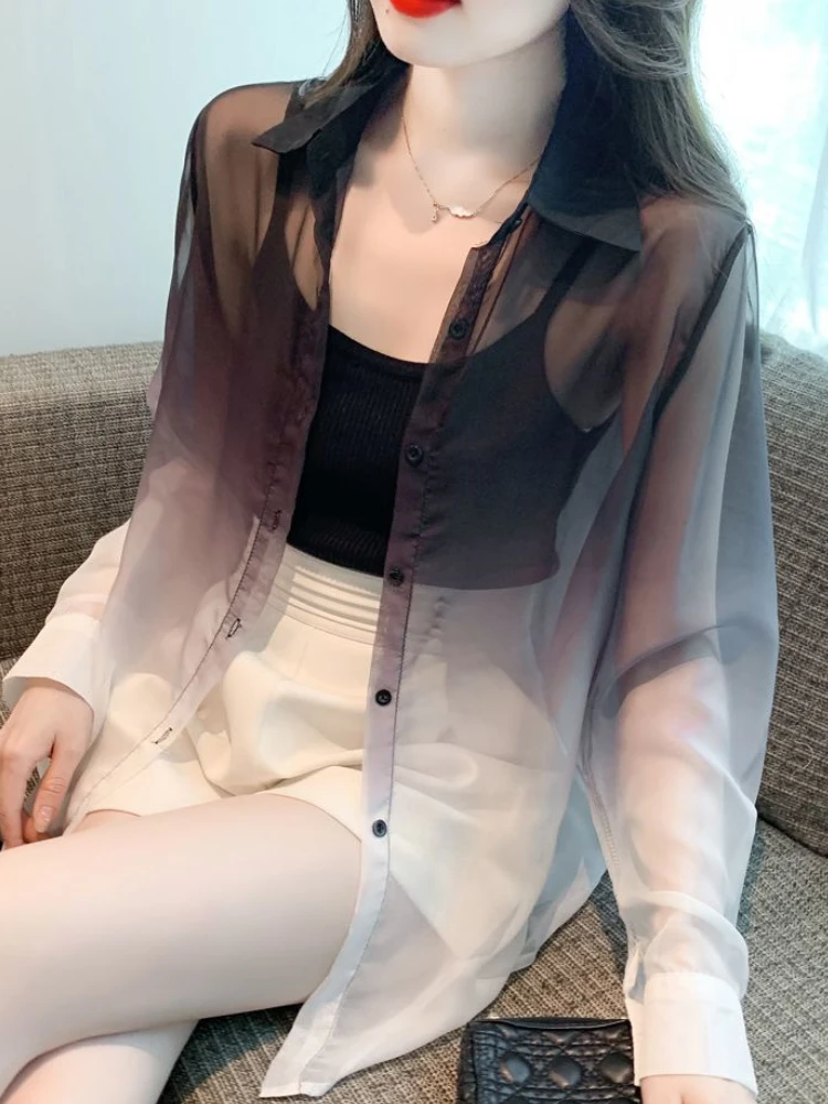 Shirts Women Summer Design Sun-proof Simple Elegant All-match Tender Gradient Korean Style Sheer Loose Leisure Turn-down Collar