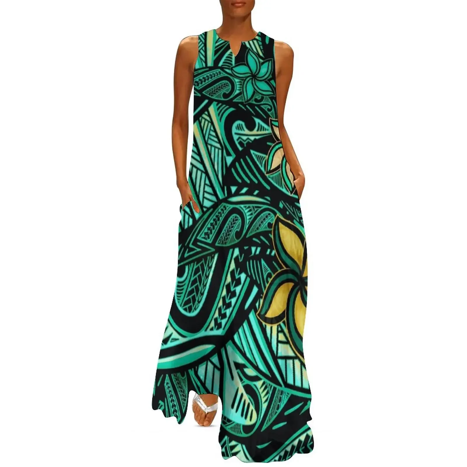 

Samoan - Polynesian - Hawaiian Teal Tribal 1503 Long Dress loose women's dress luxury dress summer dresses