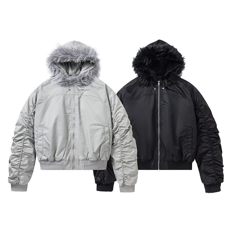 2025 New American Street Solid Color Hooded Fur Coat Cotton-padded Jacket Female Y2K Harajuku  Popul