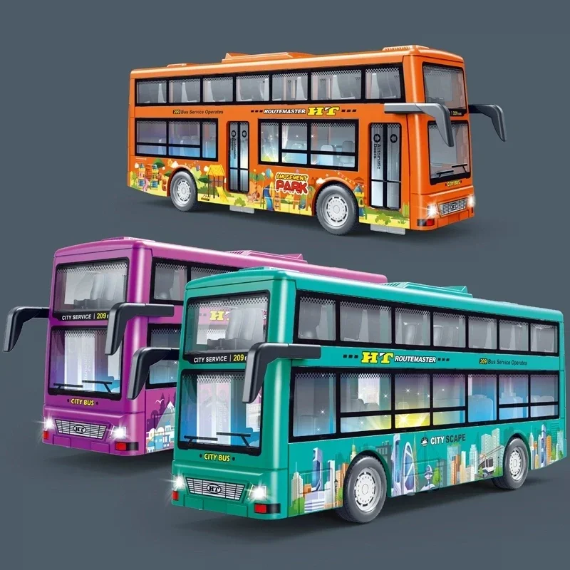 Children Inertia Pull Back Vehicles Toy Double Decker Sightseeing Bus Open Door Lights Music Die Cast Vehicles Toys for Boys