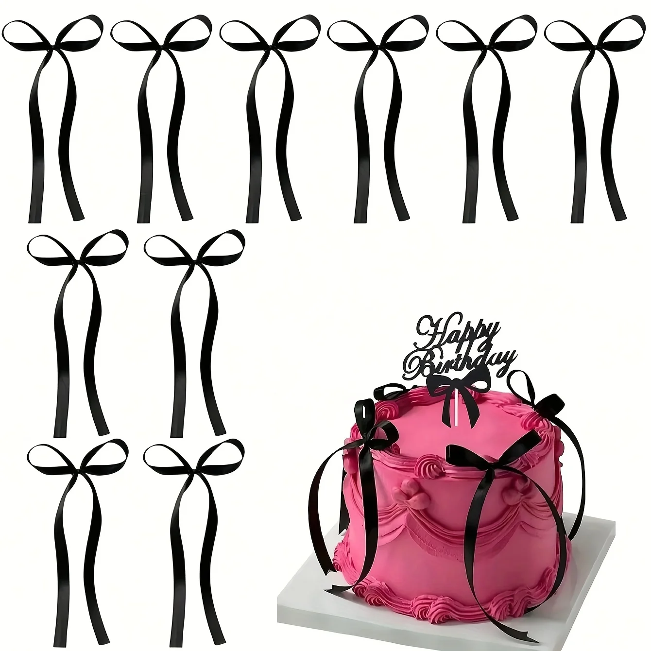 10–100 Stück elegantes Tortenaufsatz-Set mit schwarzer Schleife, perfekt für Hochzeiten, Geburtstage, Abschlussfeiern, Kuchen, Dessert, Backdekoration – Detail 7