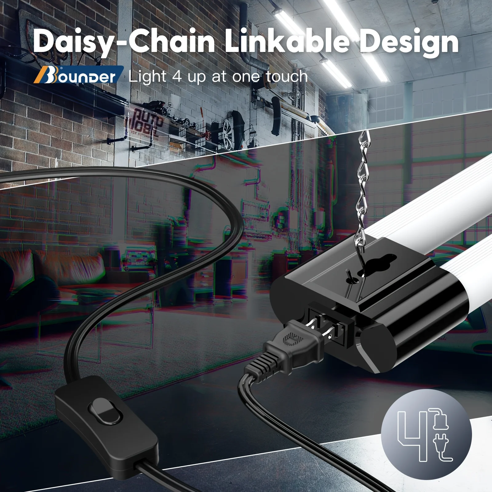 4/10 Pack Linkable LED Utility Shop Light, 4 FT Integrated Fixture for Garage, 40W Equivalent 250W, 6500K Daylight, Surface And Suspension Mount, Fluorescent Light Fixture Replacement, Black view 6