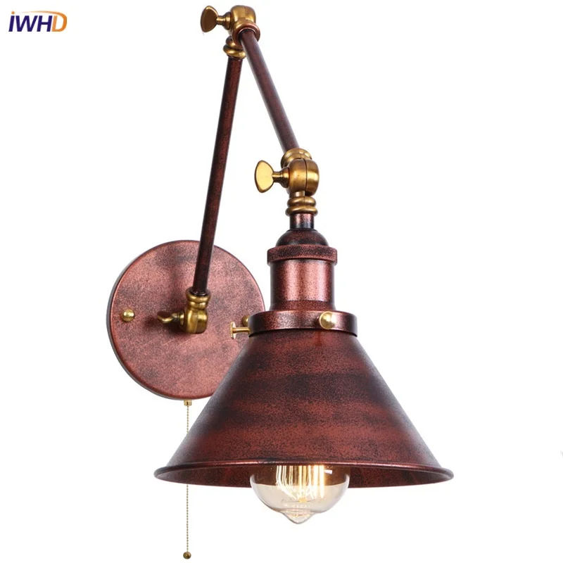 IWHD Vintage Iron LED Wall Lamp Coffee Balcony Aisle Pull Chain Switch Industrial Loft Simple Rustic Bathroom Mirror Stair Light