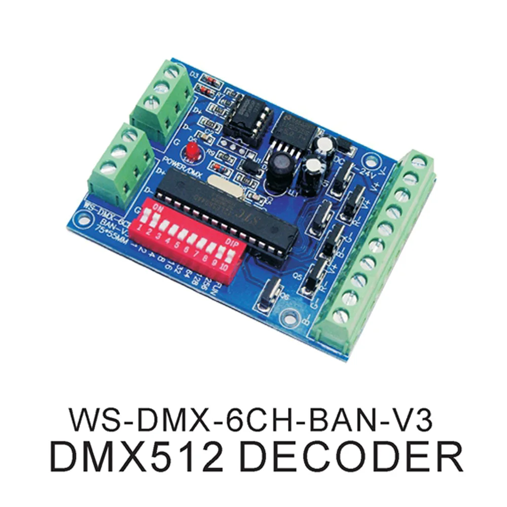 

6 Channel DMX512 Decoder 6CH DMX Control Board 2 Sets of RGB Output DC5V-24V Decoder for Control Constant Voltage LED Strip