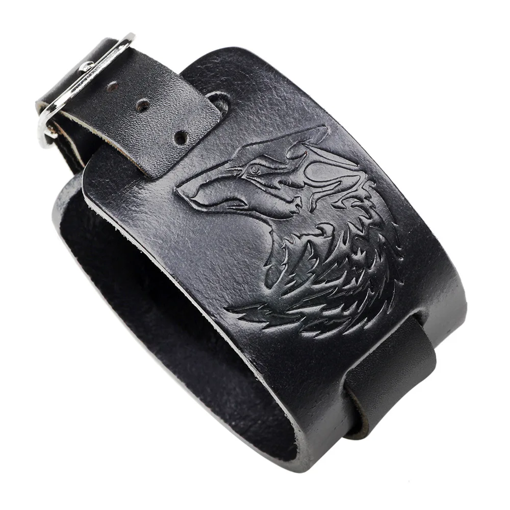 Black & Brown Embossed Process Wolf Bracelets Genuine Leather Adjustable Wristband Wrap Bracelet Man Jewelry Gifts