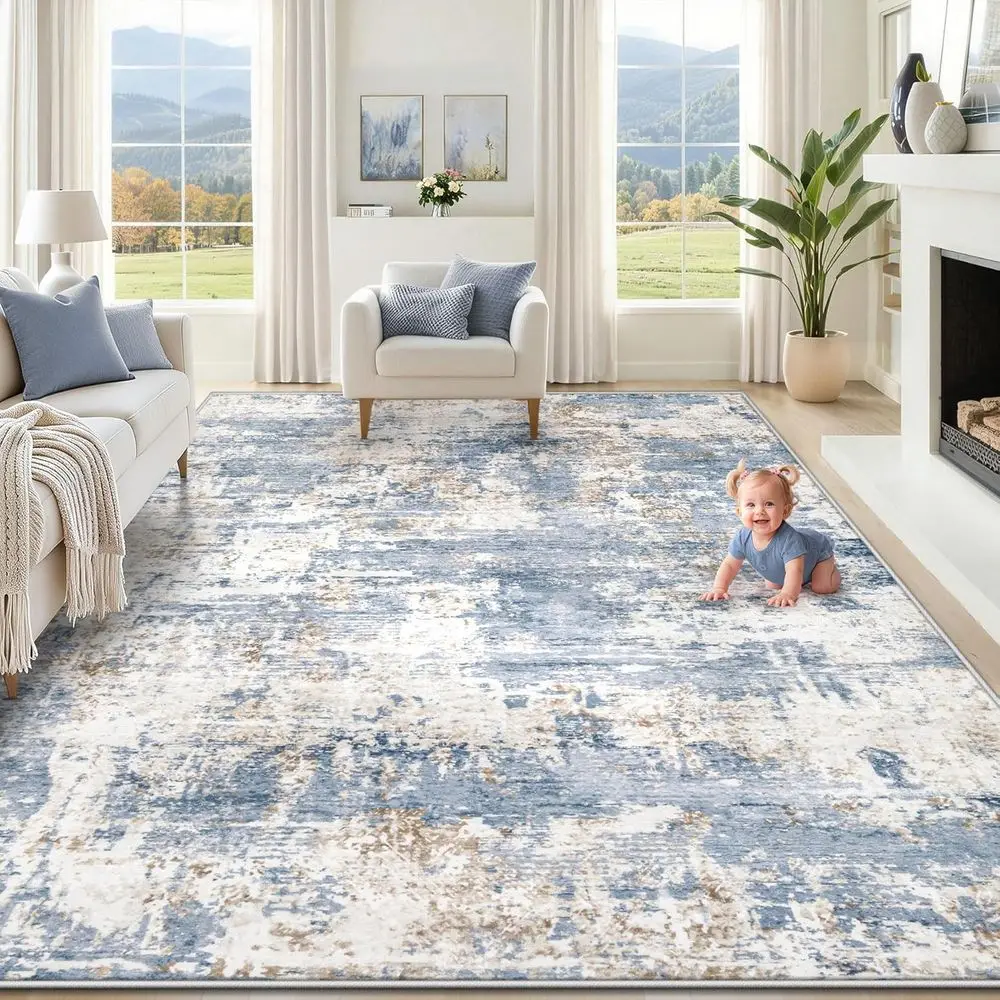 

Washable Large Abstract Area Rug, Neutral Blue, 8x10, Stain Resistant, Non-Slip, Suitable for Living Room, Bedroom, Nursery, and