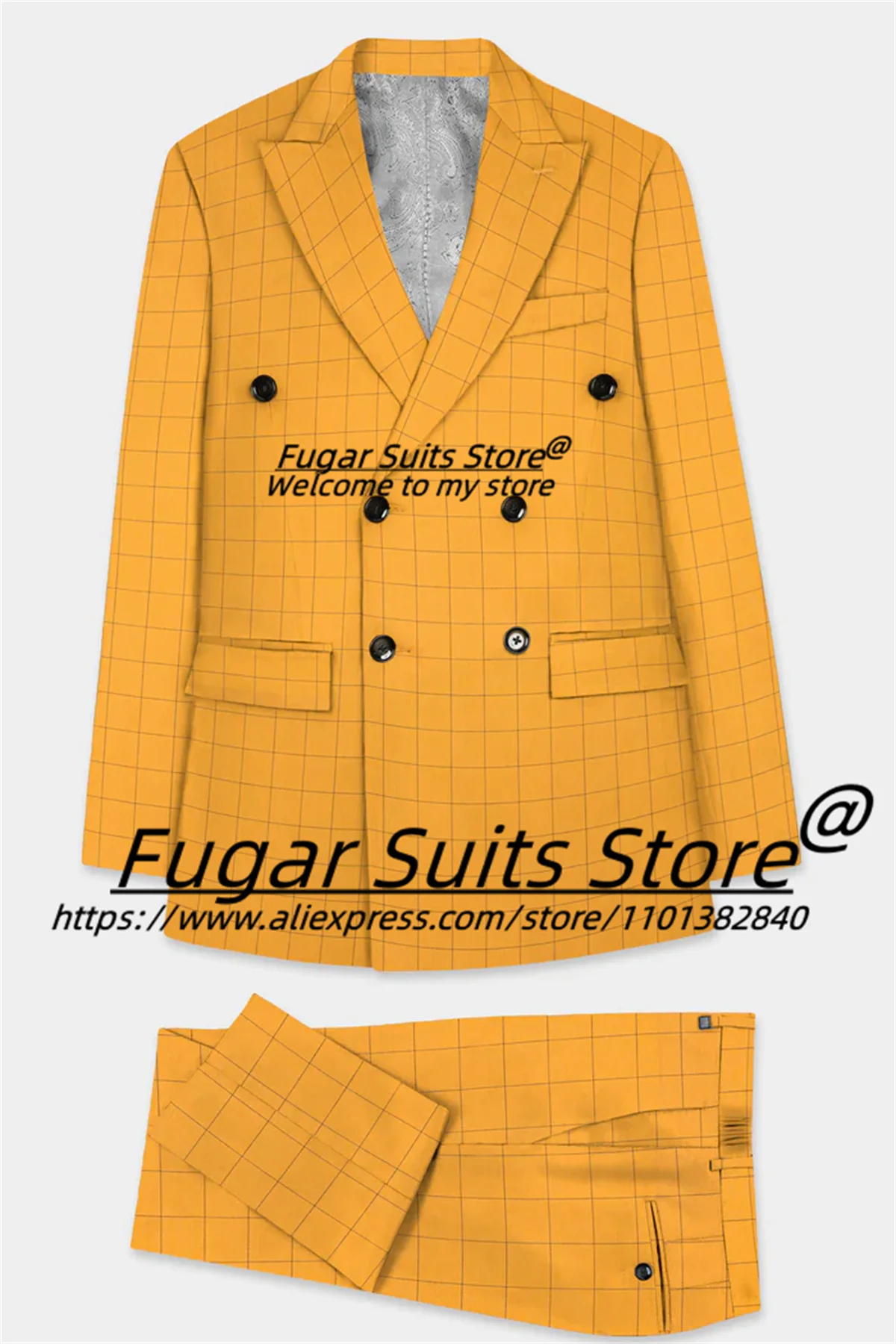 Setelan jas kerja kantor kotak-kotak kuning pria, Blazer bisnis kasual Beat Man, Double Breasted Formal 2 potong