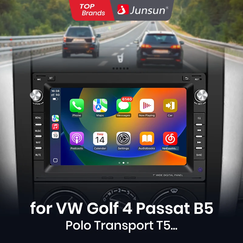 Autoradio Junsun 7 pouces pour VW Golf 4 Passat POLO Transport T5 Multivan Jetta CarPlay Android Auto FM RDS DSP BT GPS Navi SWC HD IPS Écran tactile Plug & Play Lecteur multimédia Appel mains libres Style voiture d'origine